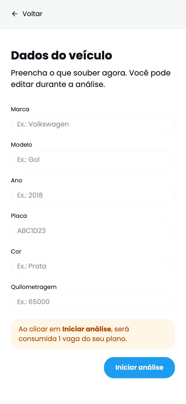 Formulário de dados do veículo