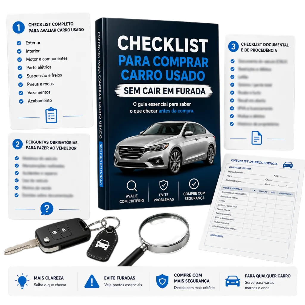 Checklist para comprar carro usado sem cair em furada — material digital com guias, perguntas e folha de avaliação